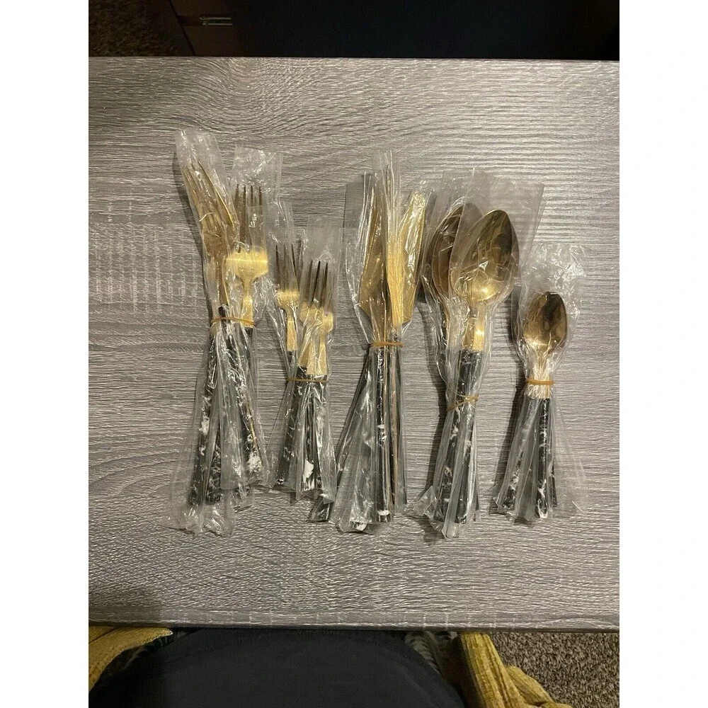 20 Piece Faux Black Marbled Handles & Gold Stainless Steel Silverware Set